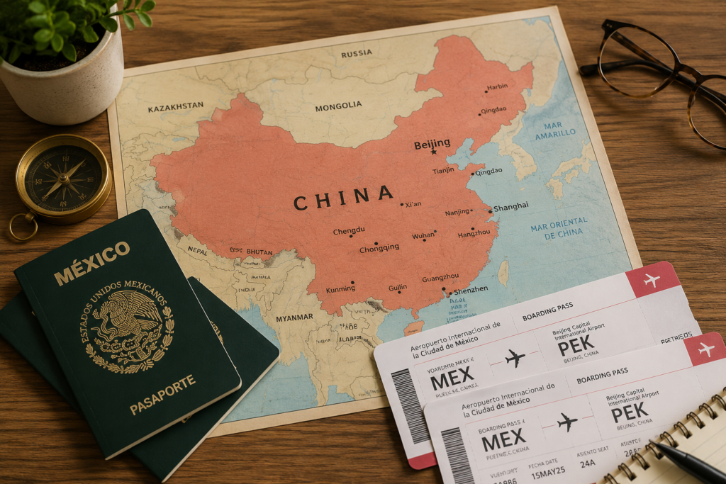 Pasaportes mexicanos y tickets de avión Mexico-China sobre un papa de China